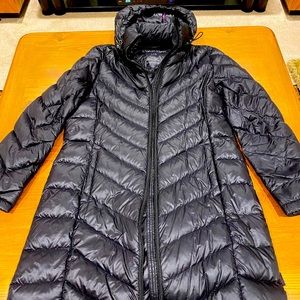 Calvin Klein, gently worn, size L, light weight black down coat with hood.